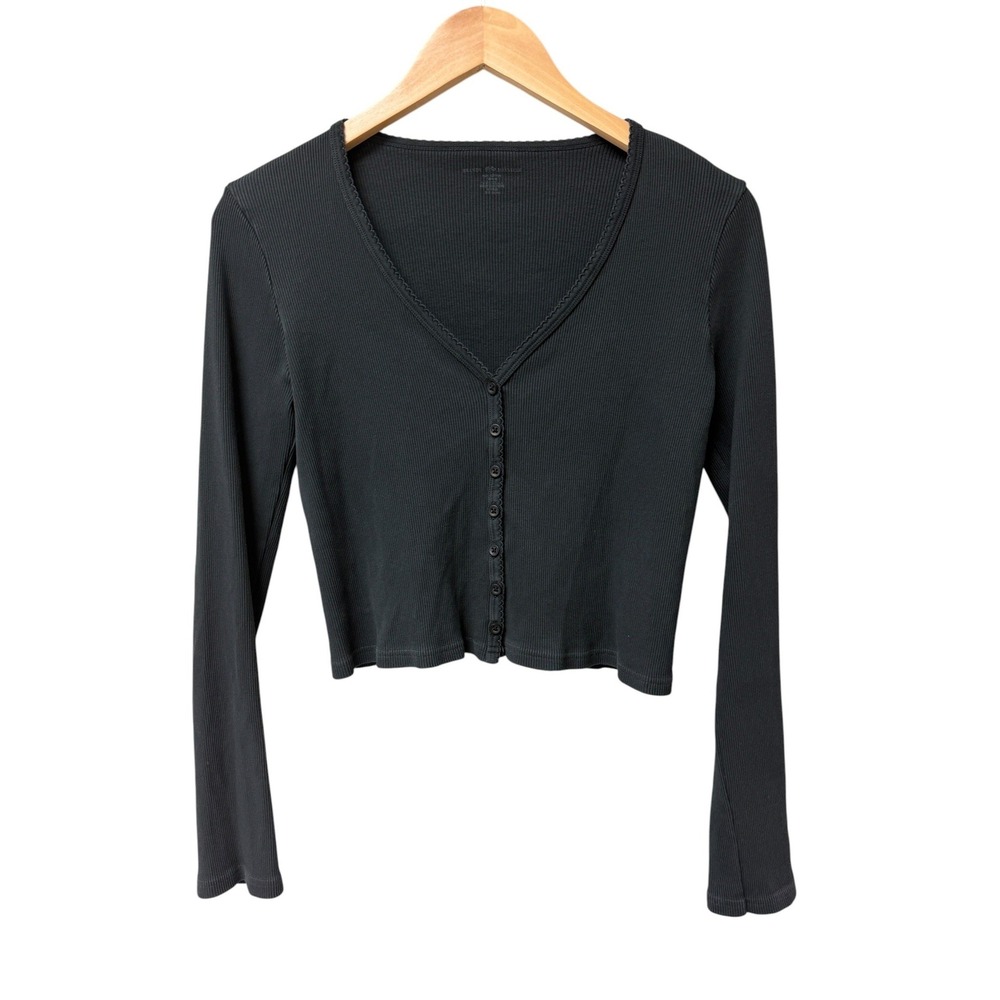 Brandy Melville Paige Ruffle Long Sleeve Top Womens One Size Black Lace Trim EUC